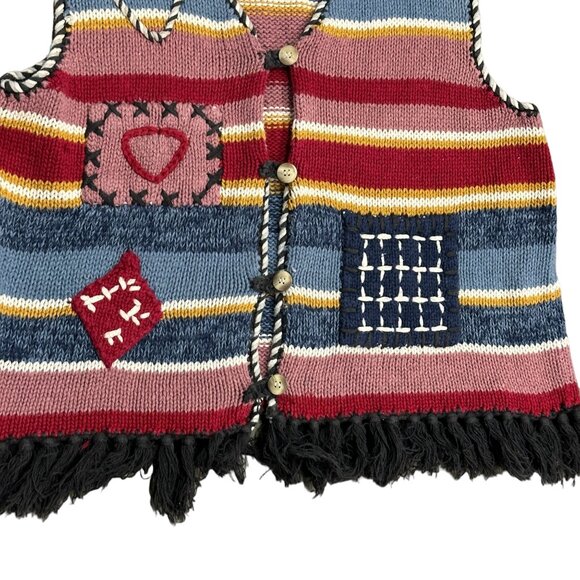 Vintage Bon Magique Womens L Knitted by Hand Sweater Vest Front Button Fringe - Picture 4 of 13
